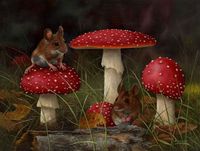 Illustration of Carl Whitfield - "we Toadstools Mouses" - Mouse on Mushrooms