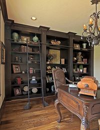 Floor to ceiling built-in bookcase & display cases with library ladder.