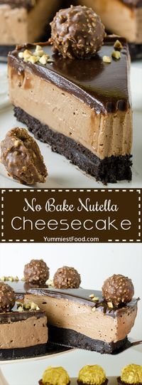 NO BAKE NUTELLA CHEESECAKE - Easy, rich and decadent, this cheesecake makes a beautiful, elegant and easy Ferrero Rocher Cheesecake Recipe for any special occasion! #easyrecipes #desserts #dessert #dessertrecipes #dessertfoodrecipes #cheesecakerecipes #cheesecake #nutella #nutellacheesecake #ferrerorocher #ferrerorochercheesecake #ferreroronutellachercheesecake