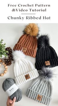 Crochet a beautiful Chunky Ribbed Crochet Hat. Free Pattern with video Tutorial Included. Purchase the beautifully designed Ad-Free PDF.