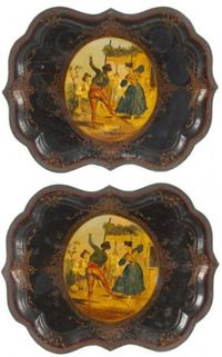 Pair of William IV Tole Trays circa 1830, black with colorfully painted tole, central rustic dancing scene in colors, oval form with serpentine rim
