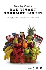 The gift of good taste! Send this gourmet gift basket of fruit and snacks to a gracious hostess, busy new parents, or anyone who appreciates the finer things in life. Hand-delivered by a florist, the basket overflows with delicious fruit and tasty treats. Includes: Apples, pears, orange, grapes, bananas & pineapple w/ cheese, crackers, tea & other savory snacks in a natural gift basket with a bow