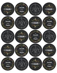 Decorate Christmas gifts and mail with this free printable label template by Lia Griffith. Design 1 features Christmas tree cuttings with your recipient's name in the middle. Design 2 features a Christmas wreath with to/from text in the center. Design 3 features a snowflake wreath with Joy in the center.