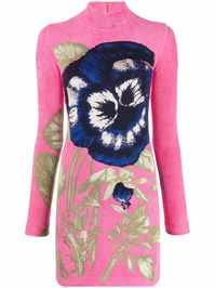 Apricot pink silk-wool blend floral jacquard mini dress from KENZO featuring jacquard logo motif, high neck, long sleeves, rear zip fastening and straight hem.