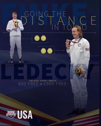 USA Team swimmers Bobby Finke (top) and Katie Ledecky, Gold Medal winners in the 800m Freestyle and 1500m Freestyle swims, 2020/2021 Tokyo Summer Olympics