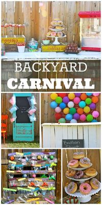 What a fun backyard carnival boy birthday party with cotton candy, donut holes on a stick, and fun activities! See more party ideas at CatchMyParty.com!