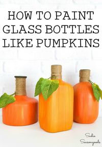 This is seriously the BEST WAY to paint your empty glass bottles to look like pumpkins and gourds for Fall decor. And it's super easy to do- there's just a secret trick to it that you need to know. What a great way to craft straight from your recycling bin to your Thanksgiving table! #winebottlecrafts #paintedbottles #DIYpumpkins #pumpkindecor #glassbottlecrafts #Falldecor #Fallcrafts #Falldecorideas #autumndecor #autumndecorides #recyclingglass