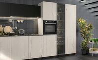 White aged oak and black aluminum frame trasperent glass | Black lacquered leather effect | Worktop: Iris | Groove and plinth: black