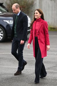 The Prince and Princess of Wales visited Windsor Foodshare, a charity that provides food to the locals in the Windsor area. The Princess of Wales wore her Hobbs London Tilda coat with Hobbs London Lara jumper, Jigsaw trousers, Anderson belt, Orelia London hoops and Emmy London pumps.