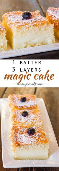 Magic Cake – one simple thin batter, bake it and voila! You end up with a 3 layer cake, magic cake.