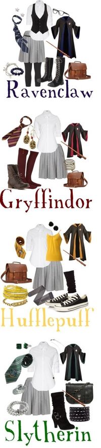 If Hogwarts' dress code was a little more lenient...requiring the gray skirt, white shirt, House robes & tie, but allowing you to do anything else with it. I'm a Ravenclaw, but my fashion choices for each House. Made by little ol' me on Polyvore. :)