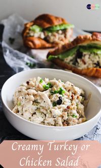 This creamy turkey or chicken salad is the perfect way to use-up leftovers. Use leftover or freshly made chicken or turkey, along with the seasonings and creamy touch of mayo for the ultimate salad. #recipe #chicken #chickensaladrecipe #turkey #leftoverchickenrecipes #leftoverturkeyrecipes #sandwich