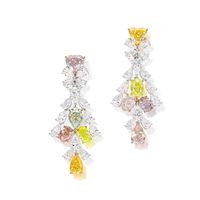 A Very Rare Pair of Coloured Diamond and Diamond Pendent Earrings | 珍罕彩色鑽石 配 鑽石 耳墜一對(彩色鑽石共重14.37克拉) | Magnificent Jewels: Part I | | Sotheby's