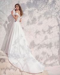 Elegant A-Line Satin Off-The-Shoulder Wedding Dress Ekaterina by Maggie Sottero. Tap to see more of this gown! #satinweddingdress #alineweddingdress #offtheshoulderweddingdress #elegantweddingdress