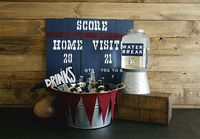 Providing drinks for football viewing parties or a fantasty draft is as easy as setting out a tub of brews and a cooler of water. The touchdown here is all in the display.