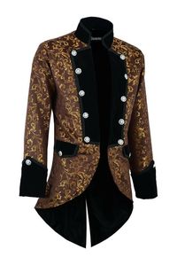 Men's Steampunk/Devil Tailcoat Jacket Gold Brocade Gothic VTG Victorian Fabric: 100% Polyester New 3 hook & eye fastenings to the front allow the jacket to be fastened at the waist, or up to the collar, with unique oversize lapel embellishments featuring black braiding trim and custom decorative buttons. Long sleeves with pointed upturned cuffs featuring matching braiding trim and buttons, finished perfectly with decorative side pocket flaps with button and braiding detail and split swallow