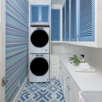 Sky Blue Laundry Room Cabinets with Blue Lattice Doors - Cottage - Laundry Room