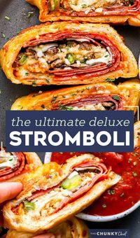 This Stromboli is loaded with Italian meats, cheeses and vegetables, and all wrapped up in a crispy cheesy crust. Like a deluxe pizza, all rolled up like a burrito. Great for a busy weeknight when you use store bought pizza dough! #pizza #stromboli #italian