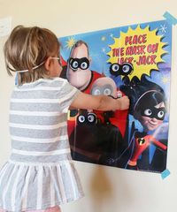 Check out the perfect Incredibles Birthday Party activity! Pin the eyes on incredibles! See more party ideas and share yours at CatchMyParty.com #catchmyparty #partyideas #incrediblesbirthdayparty #superherobirthdayparty #incrediblespartyactivity