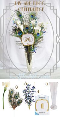 Art Deco Wedding Centerpiece with peacock feathers calla lily and mini orchid spray. Make your own art deco centerpiece!