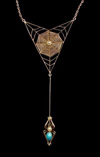 Spider Web Murrle Bennet Necklace 1900; traditionally, spiderwebs were considered good luck, which is why most old quilts incorporate a web somewhere in the design or stitching