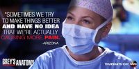 "Sometimes we try to make things better and have no idea that we're actually causing more pain." Dr. Arizona Robins; Grey's Anatomy season 10 quotes