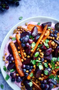 Roasted beet carrot chickpea salad hummus grapes oregano FoodFights