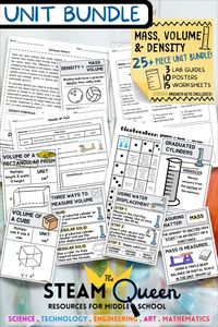 Introducing our density, mass, & volume bundle for middle school science teachers! Includes 15 worksheets with answer keys, 10 posters, 3 lab guides, and a review sheet. Covers mass vs weight, water displacement, different ways to measure volume, and density. Helps students master measurement skills, vocabulary, graphic organizers, and includes labs on measuring mass & volume. Low-prep visuals align with worksheets. Perfect for teaching measurement & density, saving time on prep.