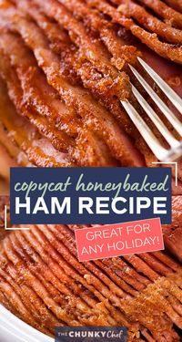 This copycat Honey Baked Ham is juicy and tender, with the most amazing crispy sweet glaze! Made with honey, sugar, and mouthwatering spices, you'll be amazed at how easy it is to make this ham at home and save a TON of money! #holiday #easter #ham #copycatrecipe #hamrecipe #dinner #honeybaked #spiralham