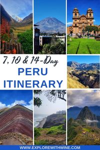 This post offers detailed suggestion on how to spend 7, 10 or 14-days in Peru. It includes visit to Cusco, Machu Picchu, Lima, Arequipa and Colca Canyon. #peru #cusco #lima #arequipa #machupicchu #rainbowmountain #salkantay #colcacanyon