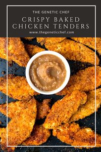 Crispy baked chicken tenders seasoned to perfection and coated with a mixture of panko and cornmeal that adds a delicious crunch to every bite. This meal is a happy meal. #chicken #bakedchickenfingers #chickenrecipes #chickentenders #bakedchickentenders #quickmeals | @thegeneticchef