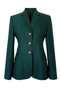 Our favorite diamond fabric is now available in a rich emerald green riding jacket. This jacket is piped in black, and has silver buttons. This riding jacket is sure to make you stand out in the show pen. Known for the princess cut and clean lines, this jacket gives any rider a beautiful hour glass figure - sure to get you noticed in the ring. A true must have for any equestrian's closet. 100% Wool Dry-clean only Made in Canada Fully lined All jackets use UK sizing. Refer to sizing chart. 1010