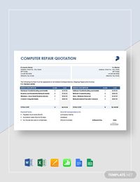Professionally Designed/ Written Free Free Computer Repair Quotation Template Template - Easily Download, Edit & Print in Google Docs (doc), Google Sheets (xls), MS Excel (xls), MS Word (doc), Numbers (numbers), Pages (pages)