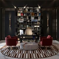 An elegant modern home office with a stunning black and white round rug. The MILA RUG shines in this décor for its minimalistic design that favors functionality. Create a timeless décor with this amazing leather rug.