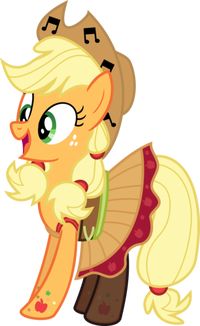 MLP:FIM Imageboard - Image #1486825 - '90s, alternate hairstyle, applejack, applejack's hat, artist:meganlovesangrybirds, clothes, country applejack, cowboy hat, dress, earth pony, equestria girls outfit, female, friendship through the ages, hat, mare, music notes, pony, safe, solo, stockings, thigh highs