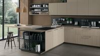 Matt beaver | Glossy glass beaver | Jute aged oak | Worktop: Fenix laminate | Finger rails and plinth: beaver