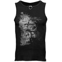 Des têtes de mort et des toiles d'araignées sont imprimées sur ce t-shirt. Petit anneau métallique au niveau de l'encolure. Présence de rivets au niveau des emmanchures. 95% Coton, 5% Élasthanne