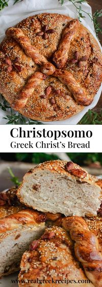 Christopsomo is a soft, slightly sweet bread that's beautifully decorated with seeds and nuts. Flavored with spices, raisins, and walnuts on the inside.
