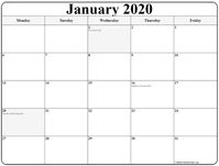 January 2020 Monday Calendar | Monday to Friday with US holidays