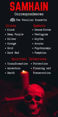 Every year at Samhain, witches, Pagans, and spiritual practitioners, commune with ancestor spirits, celebrate the harvest, honor deities, and decorate altars with symbols and correspondences. Here are some Samhain correspondences to help you celebrate Samhain! #peculiartips