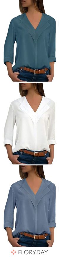 Solid Elegant Chiffon V-Neckline 3/4 Sleeves Blouses, solid blouse, blouses, chiffon, v-neckline, 3/4 sleeves, tops, casual tops, outfits, autumn, basic.