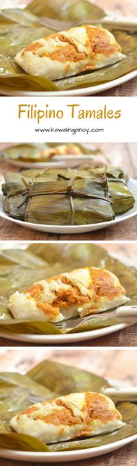 Filipino Tamales are made with rice flour, coconut milk and peanut butter, topped with chicken and eggs, and then steamed until set for a delicious breakfast or snack treat
