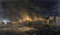 Detalle de una pintura de 1666 del gran incendio de Londres de un artista desconocido, representando el incendio como pudo haber sido observado desde un barco.