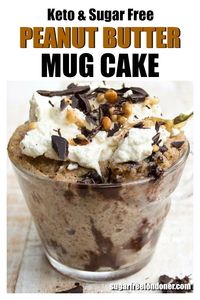 This easy Keto peanut butter mug cake is super moist and fluffy! Want a sugar free dessert NOW? It takes less than 5 minutes from start to finish to make this cake recipe in the microwave. Gluten free, low carb plus a dairy-free option! #ketomugcake #peanutbuttermugcake #sugarfreedessert