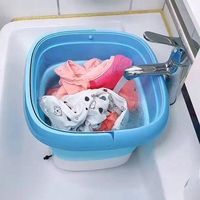 A foldable washing machine is suitable for washing the T-shirt, shirts, dresses, undergarments, socks and etc.(But not suitable for jeans, coats and other heavy clothing.) Adopts ultrasonic turbine technology to form small bubbles and stains, quickly disperse and emulsify, achieve deep cleaning effect. Folding design, mini size, and space-saving.