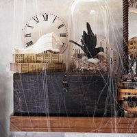 Use elements that aren't typical Halloween decorations for a nontraditional and eclectic mantel. Place an old seashell on top of antique books for a hint of vintage style. A blackbird under a glass cloche and cobwebs are easy touches to finish off the display./