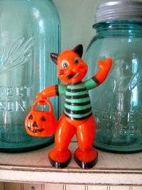 Vintage Halloween Collectible Rosbro Cat Candy Container with Jack O Lantern Pumpkin Pail and Striped Teal Aqua Shirt. via Etsy.
