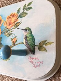 sherrylpaintz a female hummingbird with yellow roses painting on a wood plaque