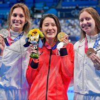 Top finishers in the Women’s 200 Individual Medley Swim: USA’s Alex Walsh, Silver Medal, Japan’s Yui Ohashi Gold Medal and USA’s Kate Douglass, Bronze Medal, 2020/2021 Tokyo Summer Olympics
