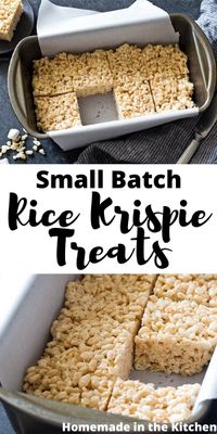 Whether you have leftover cereal or are tired of the heat, these no bake Small Batch Rice Krispie Treats made in a loaf pan are the ideal ooey gooey dessert. #homemadeinthekitchen #ricekrispietreats #smallbatchdesserts